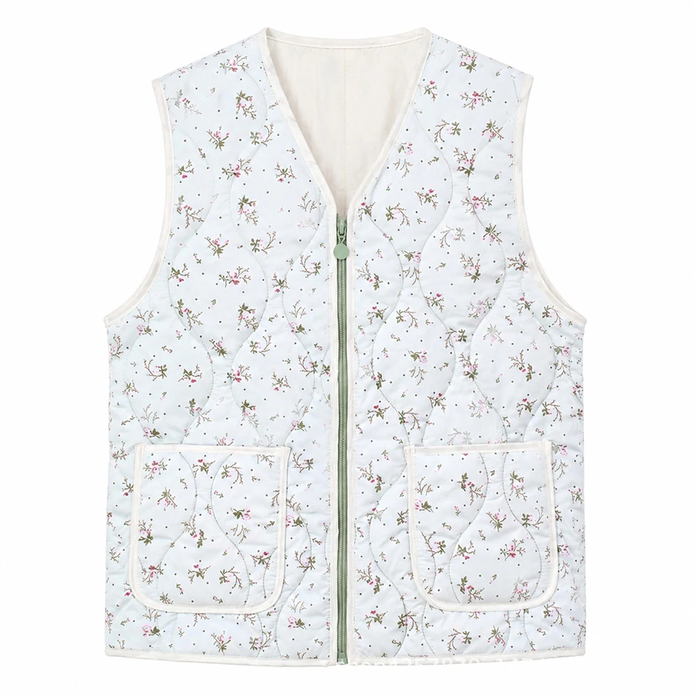Women\'s Korean Style Quilted Floral Vest Sleeveless Warm Cardigan Jacket for Home Casual Wear Size 2XL 3XL 4XL 5XL