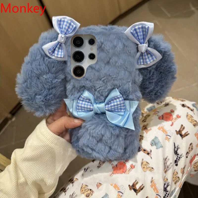 

3D Bunny Ears Fur Grid Pattern Bow Phone Case For Samsung Note 20 Ultra 10 9 S22 A12 A22 A32 A52 A72 A51 A71 A50 M17 M16 M15 M56