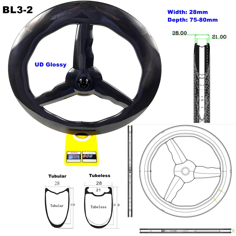 

BIKEDOC BL3 700C Road Track TT Bicycle Wheelset Carbon Wave 3 Spoke Wheels 28mm Width 7580 Depth Tubeless Tubular Disc V Brak