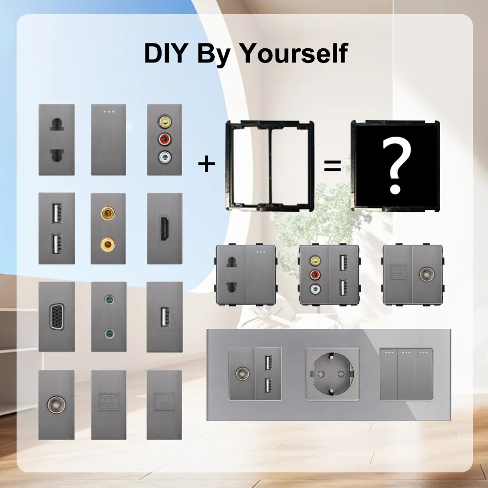 TAWOIA EU Glass Frame Wall Socket Light Push Button Switch TV SAT PC CAT5 RJ45 Audio HDMI USB Type-C 1/2 Way Free Combination