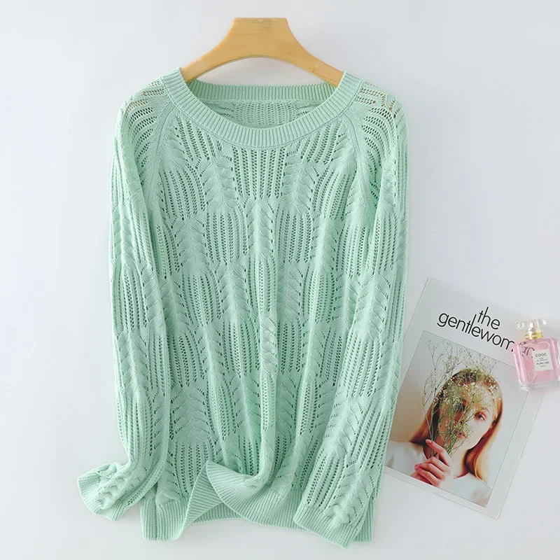 

High Quality Women's Knitted Sweaters Lady Hollow Out Pure Cotton Pullover See Through Look Raglan Sleeve Loose Tops Smock