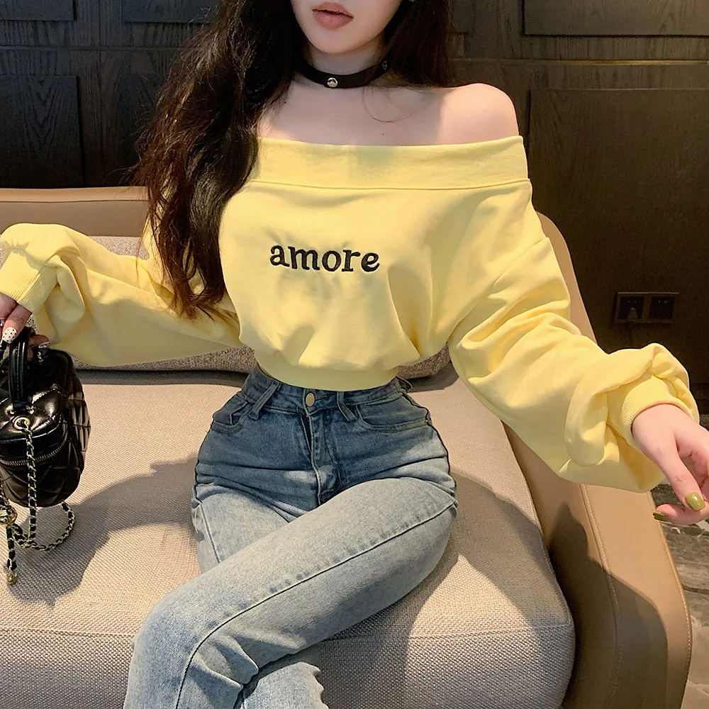 Sexy Off Shoulder Sweatshirt For Girls Spring Summer Solid Elastic Crop Tops Women\'s Korean Slim Gyaru Female Short Pullovers