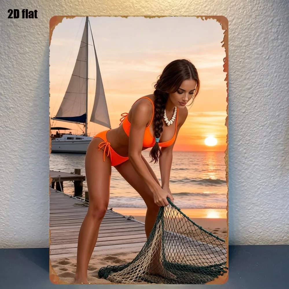 Vintage Metallschild 8x12 Zoll Rustikaler Strand Sonnenuntergang Segelboot Wasserfestes Blechschild