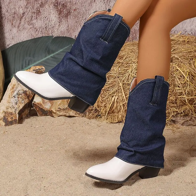 حذاء ORCHA LISA مريح للنساء من رعاة البقر الغربي لمنتصف الساق بمقدمة مدببة وكعب عريض سهل الارتداء باللون الأسود والأزرق مقاس كبير 48 نمط يومي