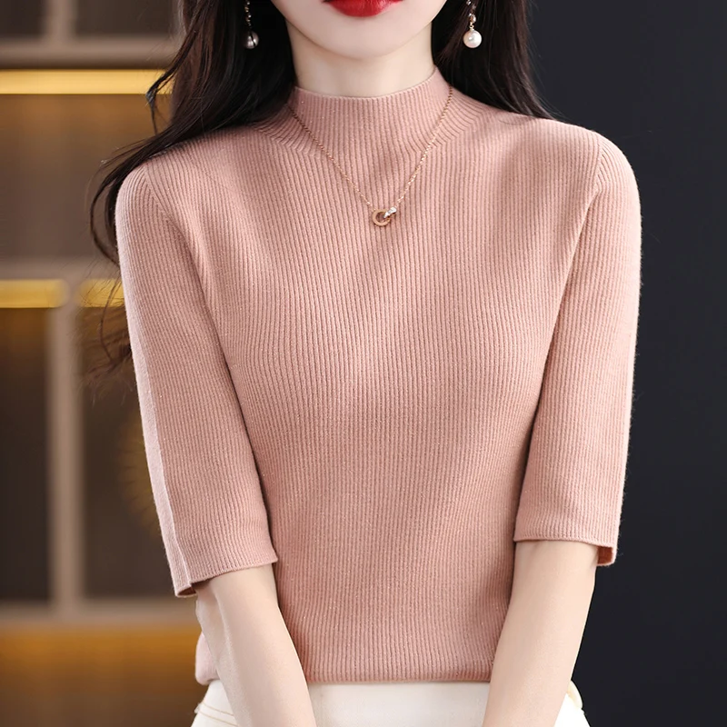 Spring Summer New Women Half Sleeve Sweater Half-high Collar Slim Wool Cotton Blend Pullover T-shirt Casual Knitted Base Tops