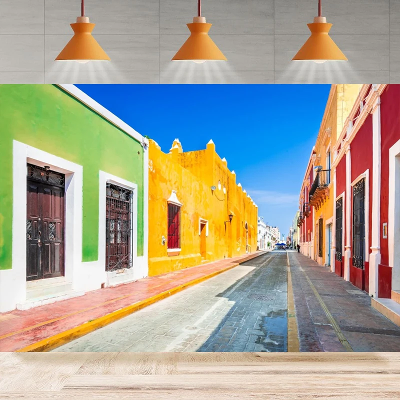 

Mexico Town Street Photography Background Colorful Empty Street In The Historic Center Of Campeche Party Backdrop Wall Banner