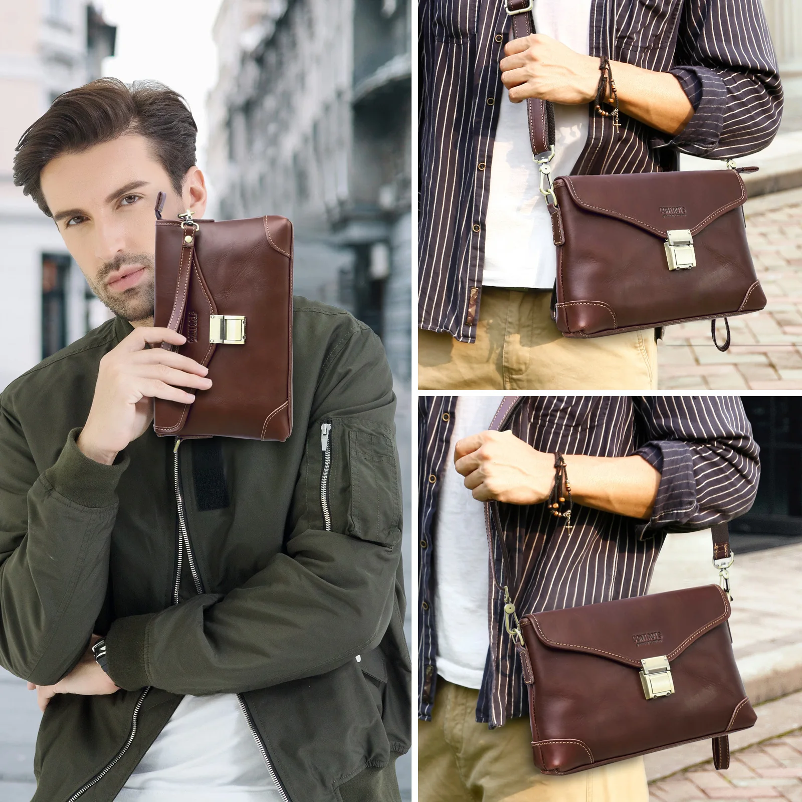 Fashion British Style Top Layer Cowhide Multifunctional High End Password Lock Handheld Baotou Layer Casual Leather Shoulder Bag