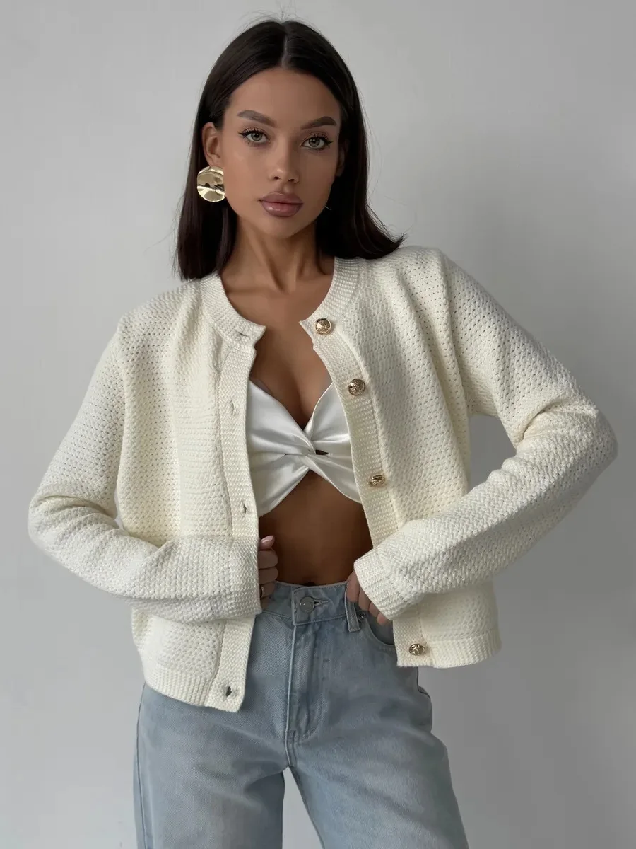 

Casual Chic Cream White Hollow-out Knit Cardigan for Women with Metal Buttons O - Neck Crop Length Open-front Sweater Outfit