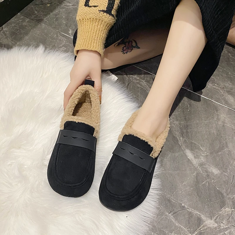 CRLAYDK Winter Women\'s Soft Fur Lining Moccasins Suede Ladies House Warm Indoor Outdoor Anti Skid Loafers Slip On Flat Shoes