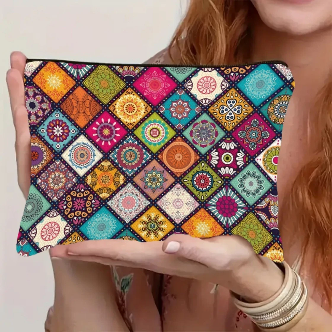 Boho Makeup Bag - Portable Polyester Toiletry Pouch with Casual Zipper Design, A Thoughtful Gift for Grandma, Best Friends, Mom