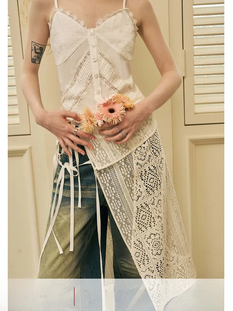 DIDDI MODA  Women's Geometric Patchwork Hollow out Apron Skirt mid Waist Loose Fit Cotton Blend Summer New Arrivals