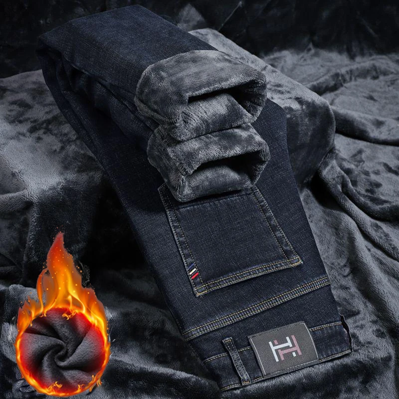 

Мужские осенне-зимние утолщенные облегающие джинсы на флисовой подкладке, мужские теплые повседневные джинсовые брюки, элегантные повседневные модные брюки