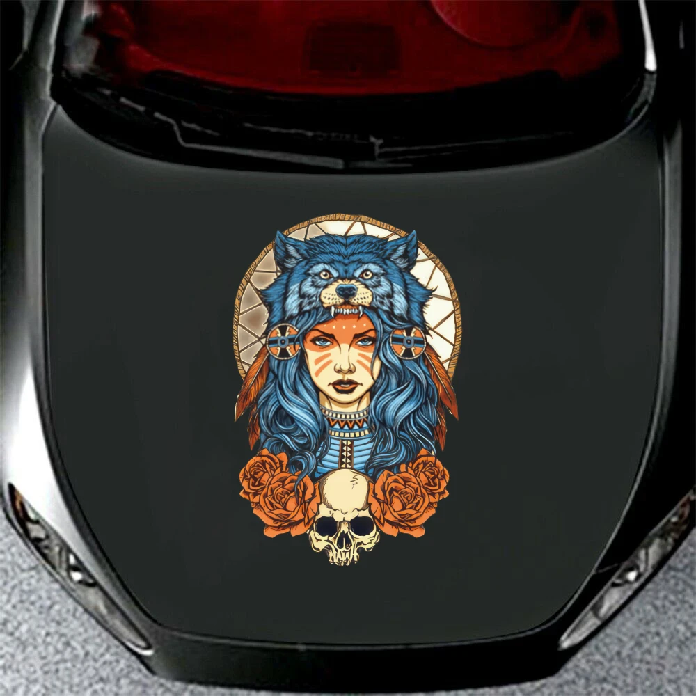 Modern Boho Wolf Girl Skull Car Sticker Bumper Door Body Side Hood Bonnet Auto Vehicle Decal Decor