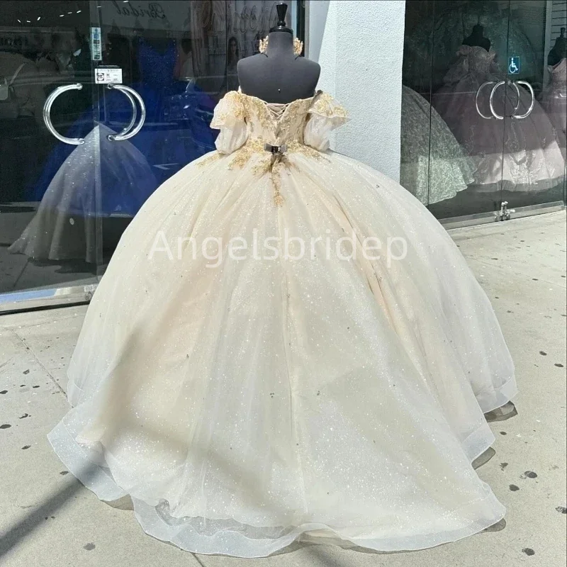 Angelsbridep-Vestido de Baile com Tule, Champanhe Claro, Vestido de Noite, Vestido Quinceanera, Vestidos de Festa, 15 Anos