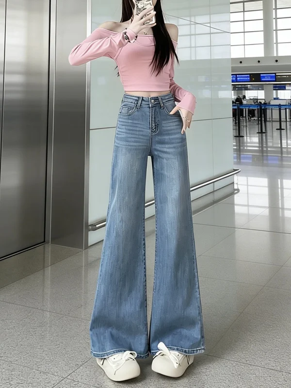 

Retro Light Blue High Waist Loose Wide Leg Jeans Women's New Style Spring Cotton Polyester Blend Elastic Stretch Denim