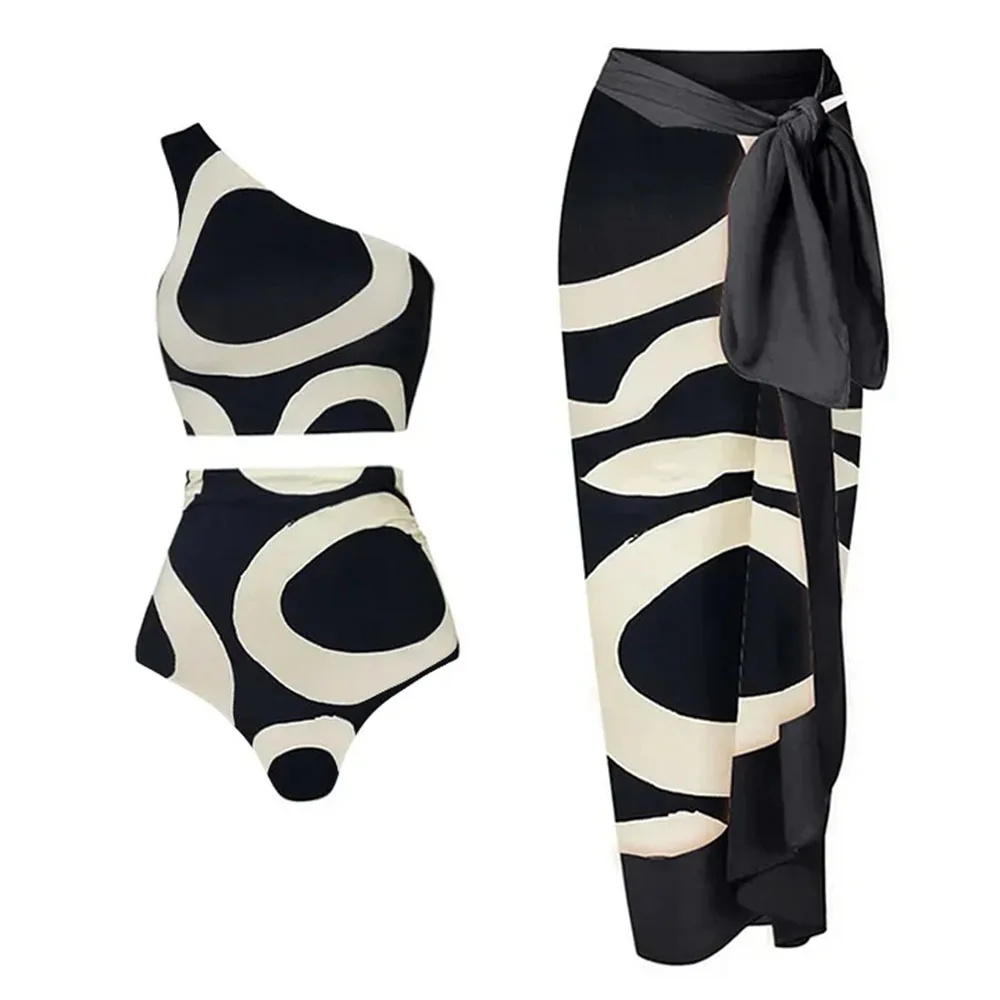 One-piece Women Swimwears Beach Vacation Print Swimsuit Beach Style Wear Skirt Single-Shoulder bikinihigh-Waisted