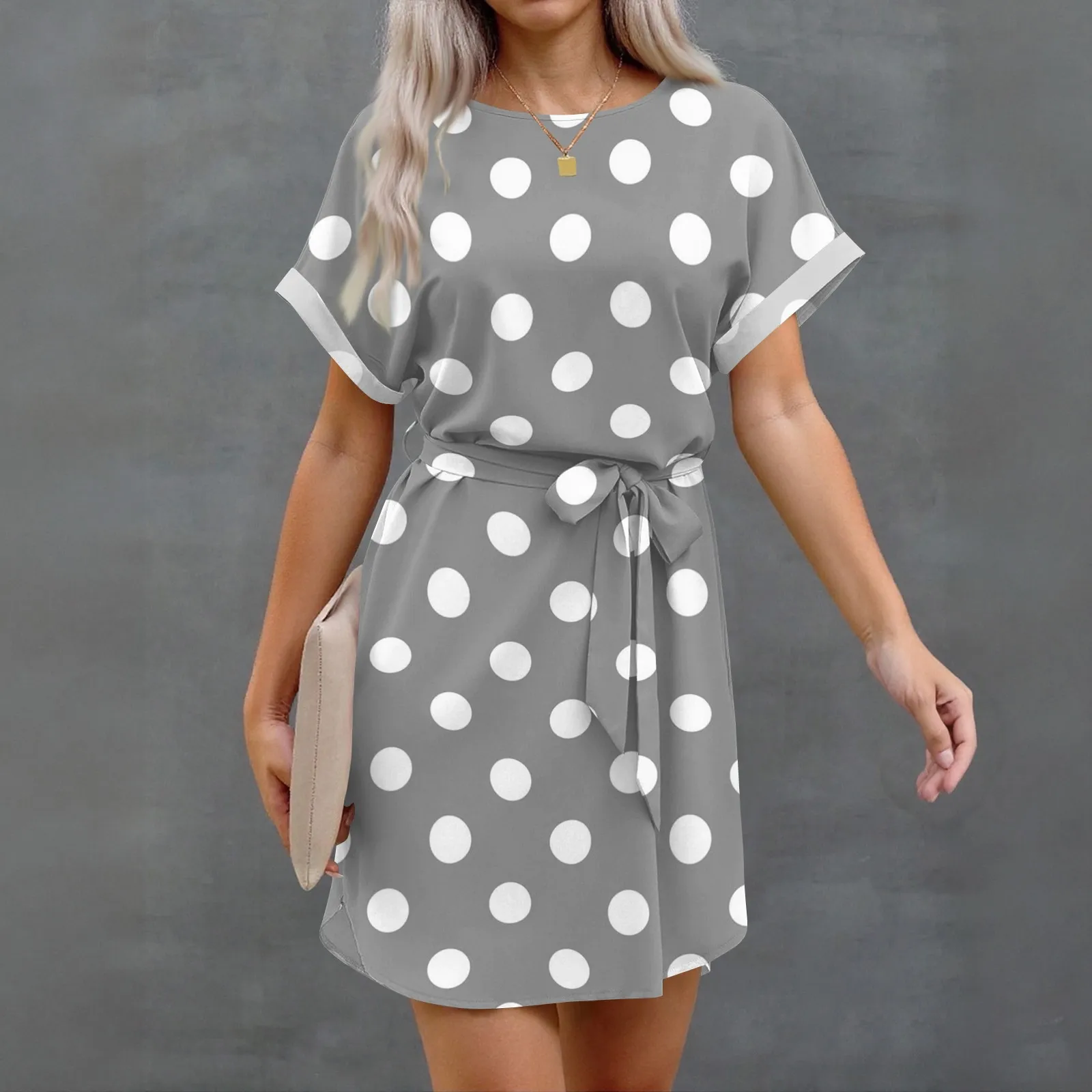 

New Summer Dress 2025 Womens Summer Short Dresses O Neck Casual Batwing-Short Sleeve Belted Dress For Women Mini Dress 여성치마