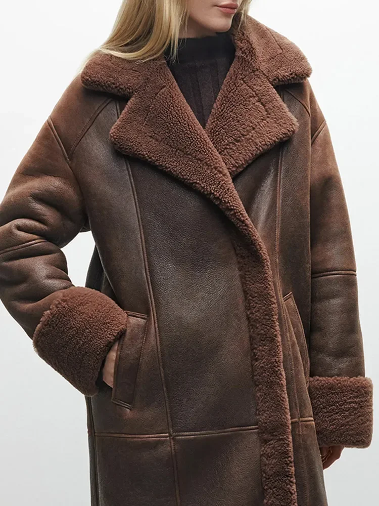 Chaqueta larga de cuero marrón elegante para mujer, abrigo con forro de Sherpa y bolsillo de Laple a la moda, prendas de vestir elegantes para