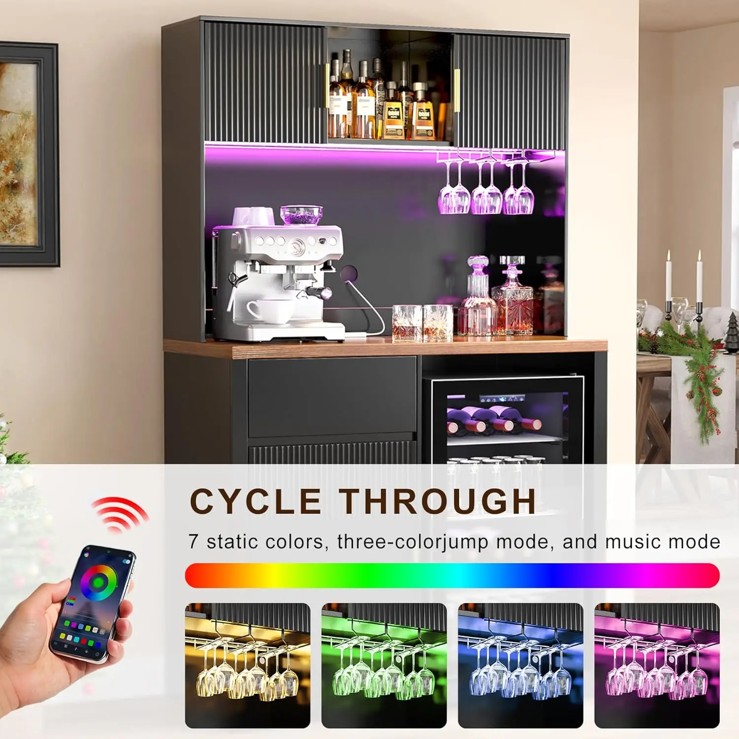 Armário de Bar Alto de 72 Polegadas com Geladeira, Aparador de Café e Bebidas com Iluminação LED, Bar Personalizável para Casa