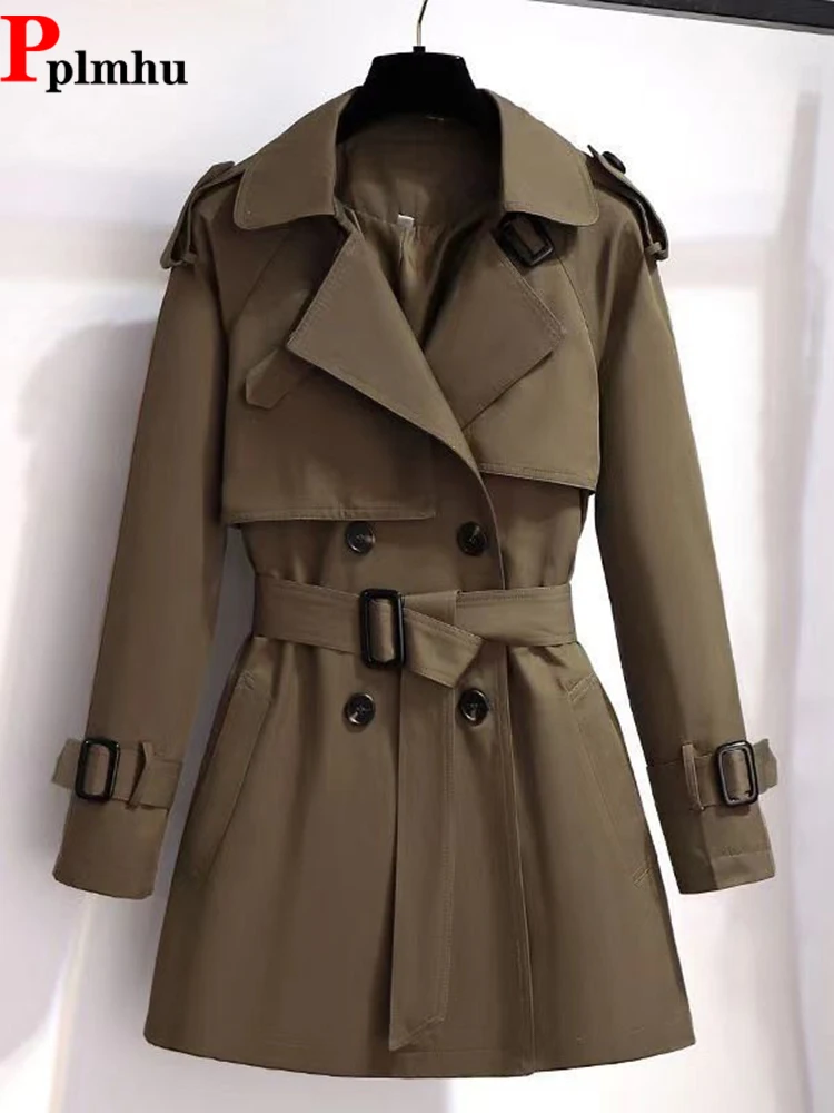 

Classic With Belt Trench Coats Outerwear Office Double Breasted Windbreaker Lapel Tops Spring Fall Elegant Women Slim Gabardina
