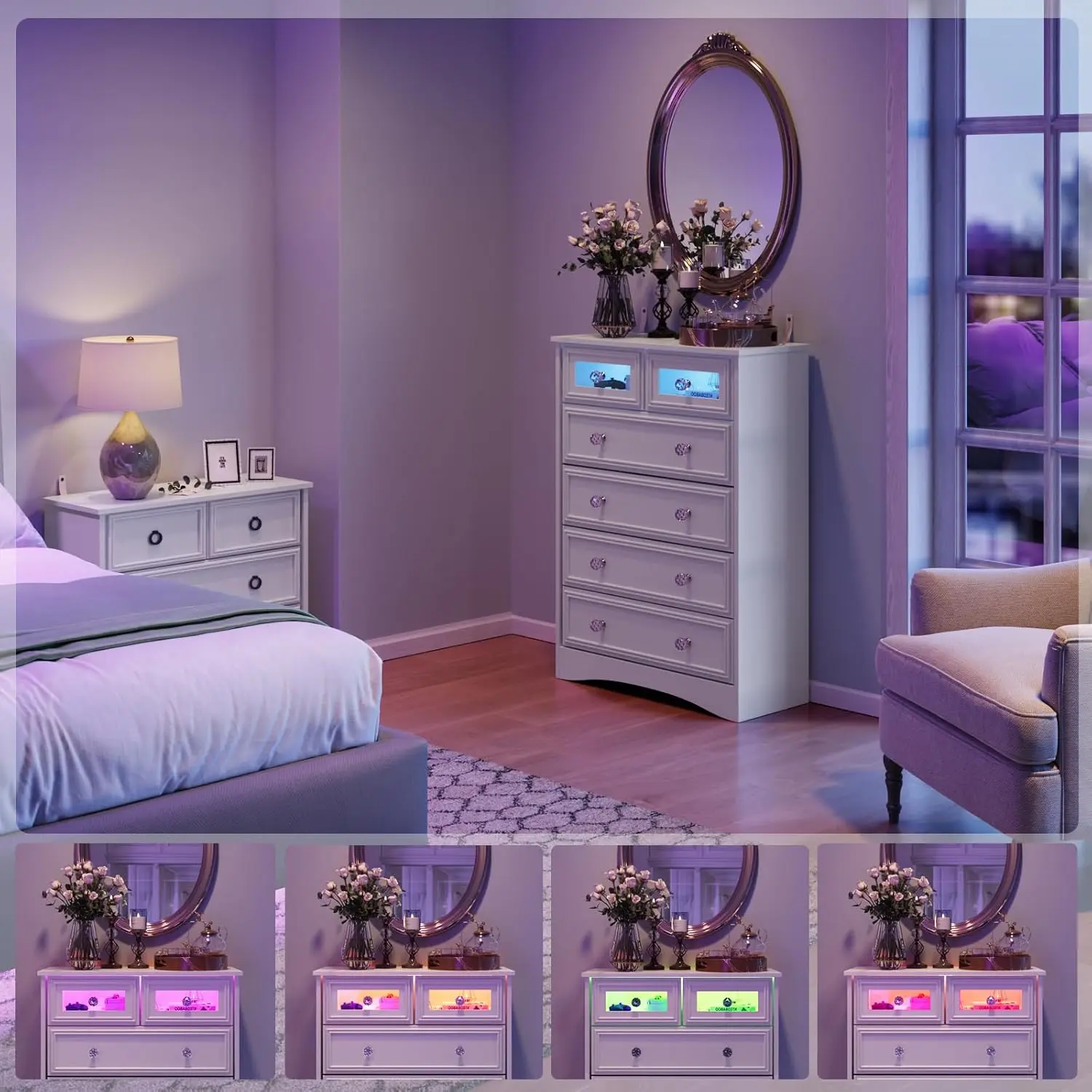 Modern 6 Drawer Dresser with LED Lights, Dressers for Bedroom, Tall Chest of Drawers Closet Organizers & Storage Clothes