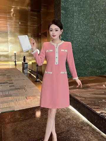 ZJYT शरद ऋतु नई महिलाओं की लंबी आस्तीन मोती मनके पोशाक सुरुचिपूर्ण महिलाओं घुटने लंबाई आकस्मिक पार्टी कार्यालय कपड़े गुलाबी काले 10 best sales महिलाओं के औपचारिक कपड़े - №10