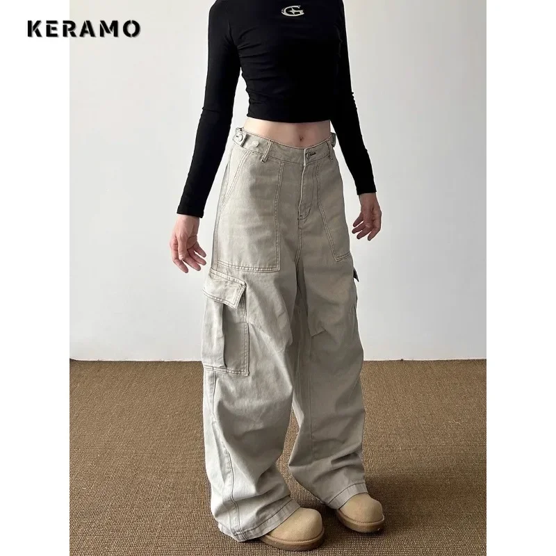 American Vintage High Waisted Solid Color Jeans Women's Casual Grunge High Street 2000s Pants Y2K Wide Leg Washed Denim Trouser