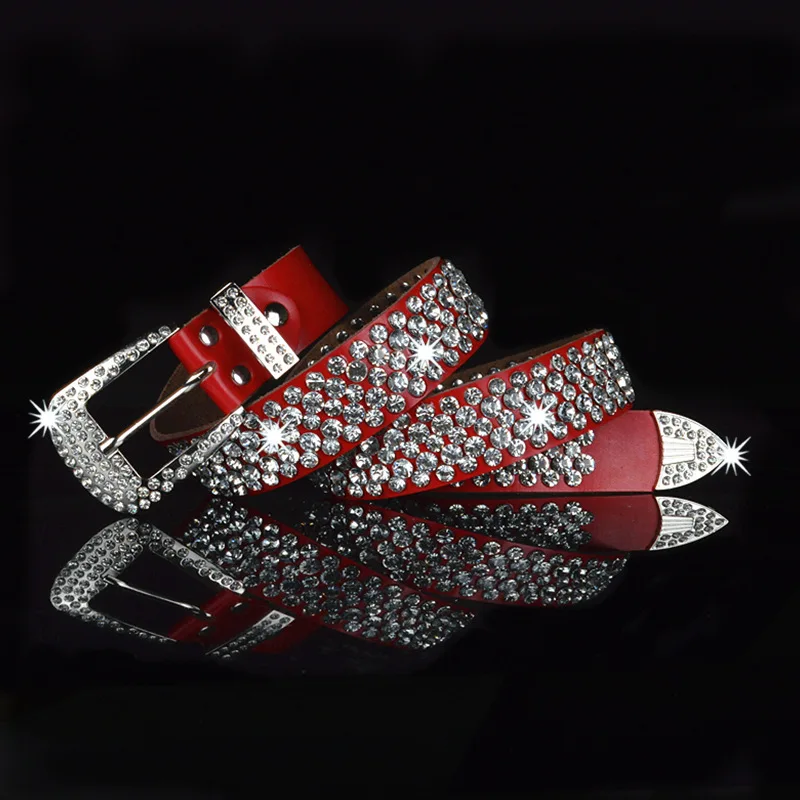 

mens fashion rhinestone belt punk gothic dress soft leather studded belts brand designer women trendy waistband diamond inlay