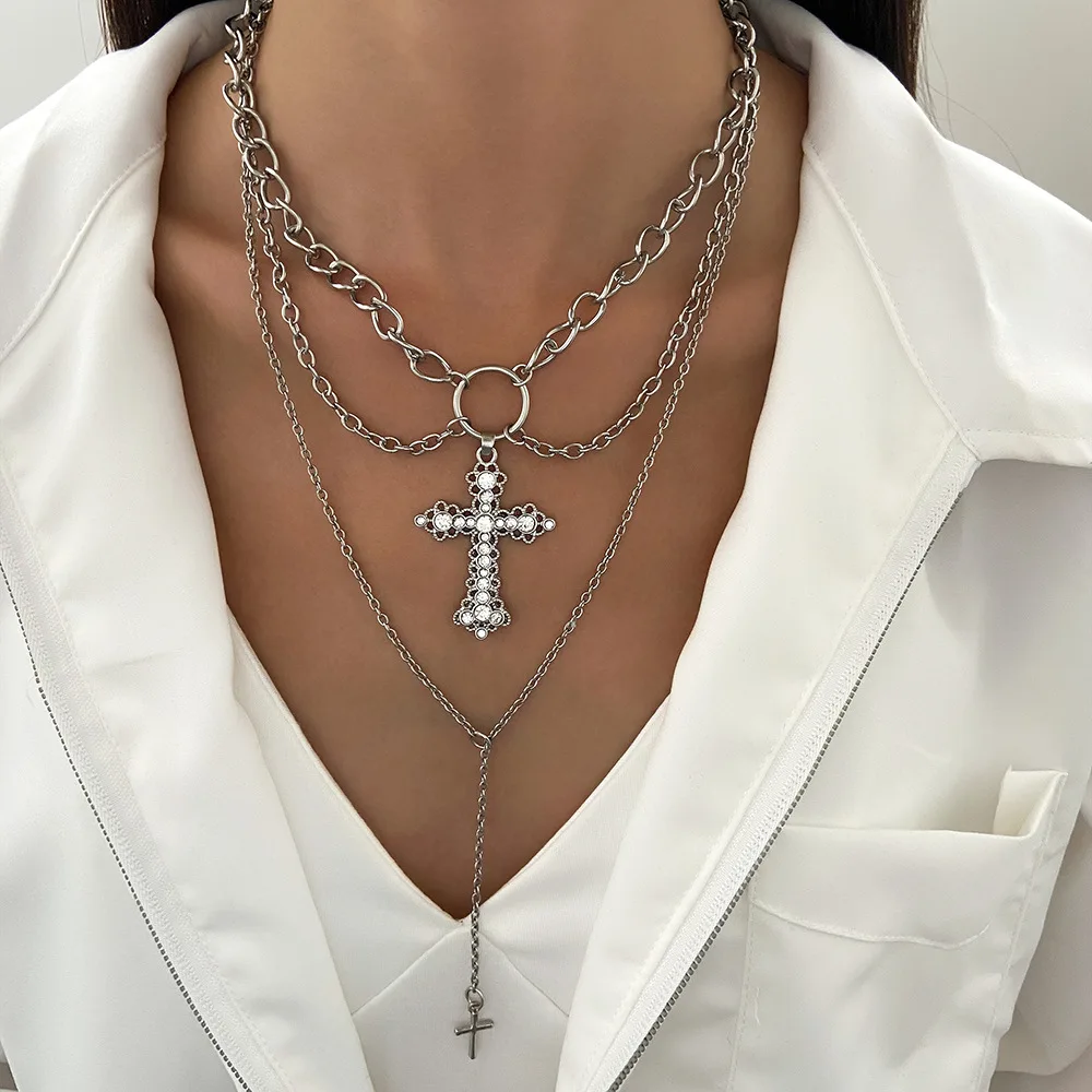 Punk Style Zircon Cross Pendant Necklace for Women Vintage Pearl Crystal Choker Chains Religious Jewelry Trendy Hip Hop Gifts