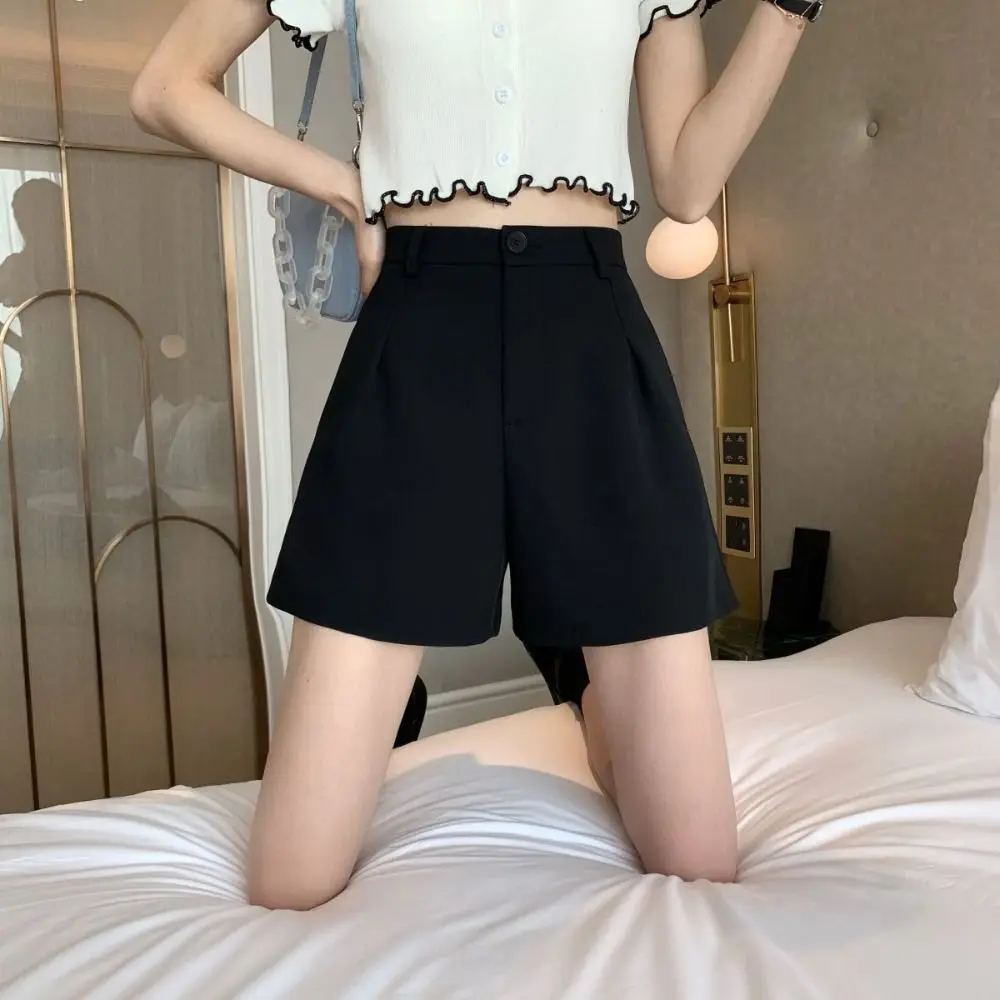 Chic Simple Summer A-line Suit Shorts Loose With Pocket Classic High Waist Suit Shorts Buttons All-match Solid Hot Pants Summer