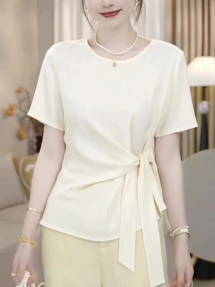 Summer 2025 Women's Slimming ort Sve T-irt Design Sensation Irregular Waist-Cinching  Knot Commute Sle Loos...