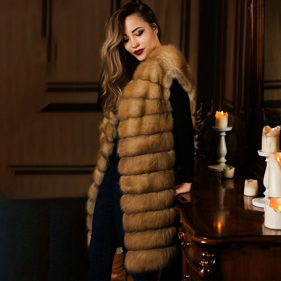 

High Quality Real Fox Fur Vest Woman Vest Jacket Long Ladies Genuine Fur Waistcoat Brown Hot Selling