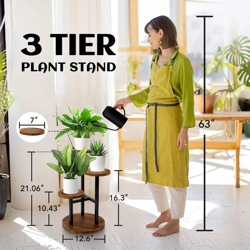 3 Tier Plant Stand, Tall Metal Wood Shelf Holder for Indoor, Outdoor Display Rack Flower Pot Stand for Corner Living Room