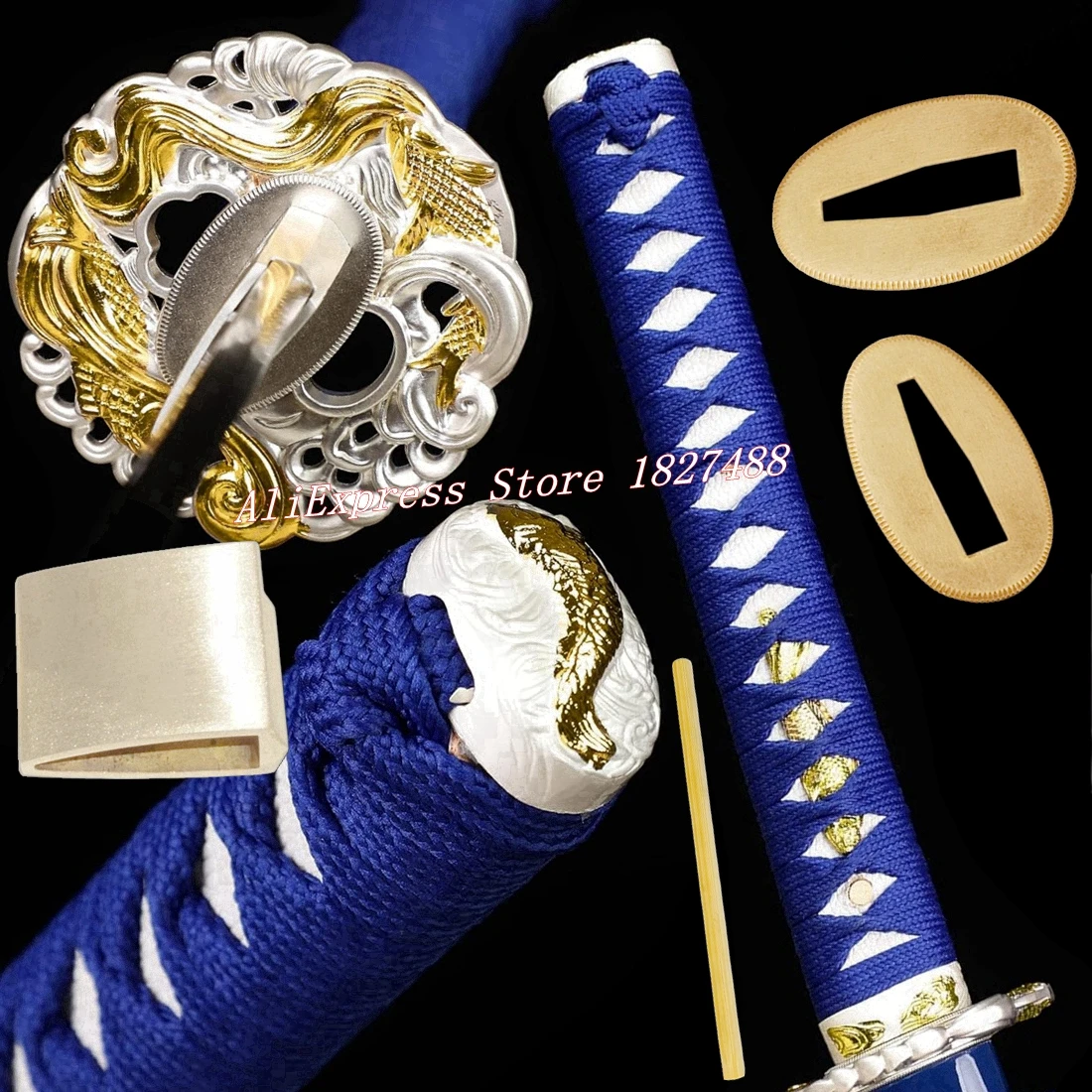 26CM*Blue Ito Katana Tsuka Japanese Samurai Sword Alloy Accessory Set Fish Tsuba/Fuchi/Kashira/Menuki/Habaki/Seppa/Handle