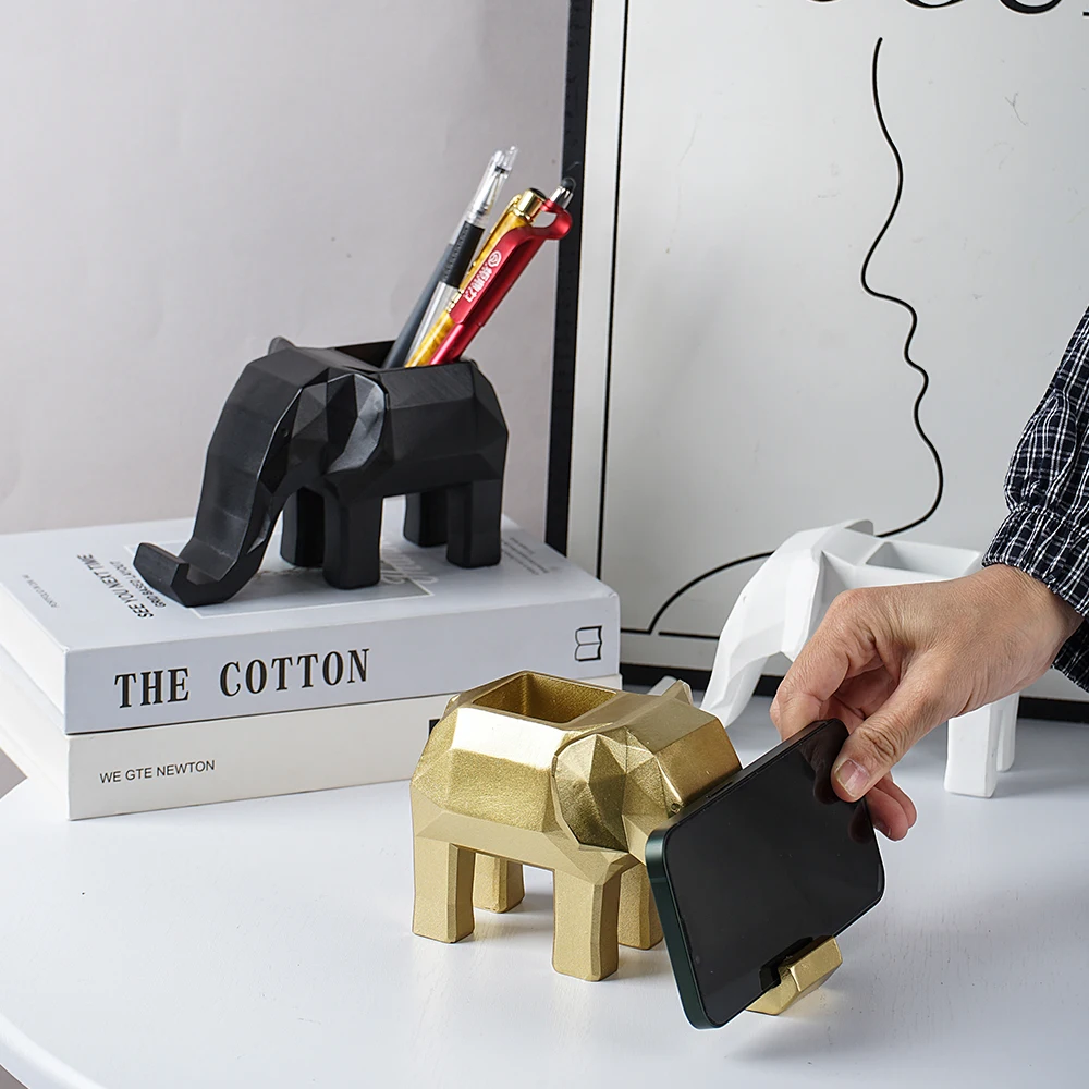 

New Arrival Geometric Elephant Phone Stand Pen Holder Desk Decoration for Study Office Resin Ornament Practical Decorative Piece