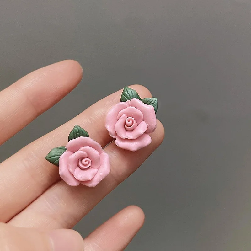 2023 Korean New Pink Sweet Flower Stud Earring For Women Rose White Flowers Pearl Exquisite Zircon Earrings Girls Party Jewelry