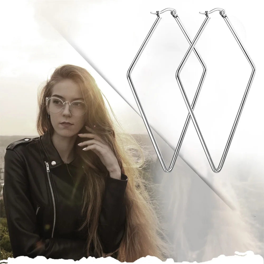 هندسية مربعة الشكل غير النظامية الأقراط الماس كبير هوب أقراط الفولاذ المقاوم للصدأ هيبوالرجينيك المبالغة الأقراط