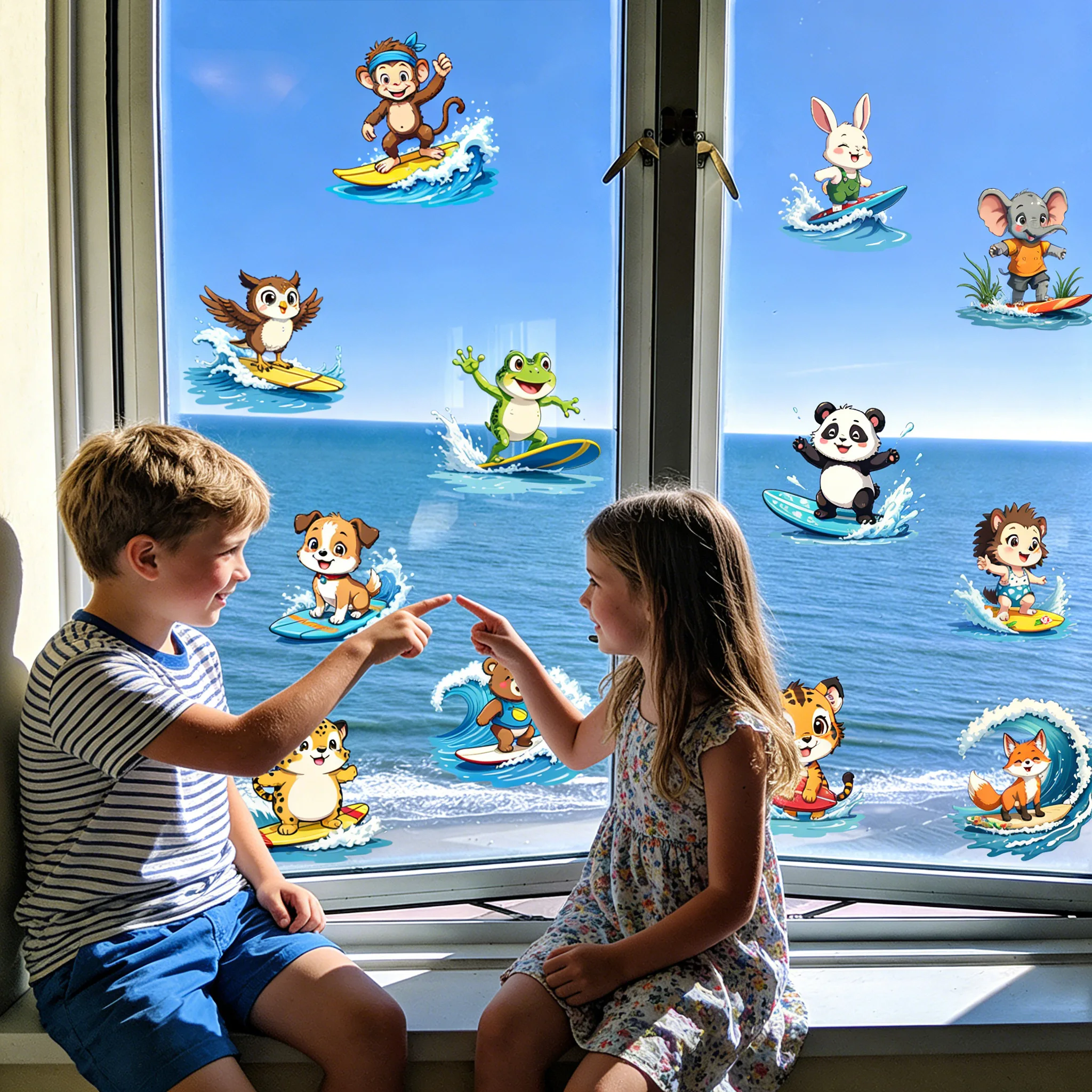 1/3 Blatt/Set Cartoon Surf Safari Tier Fensterfolie, abnehmbarer statischer Aufkleber für Sommer-Strandparty, Kinderzimmer-Fensterdekoration