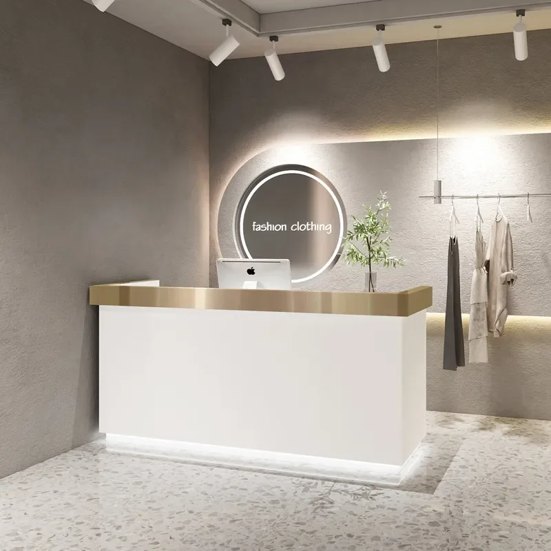 Modern Stainless Steel Reception Desk with Art Panel for Salon Clothing Store Bar Counter Simple Front Office Table