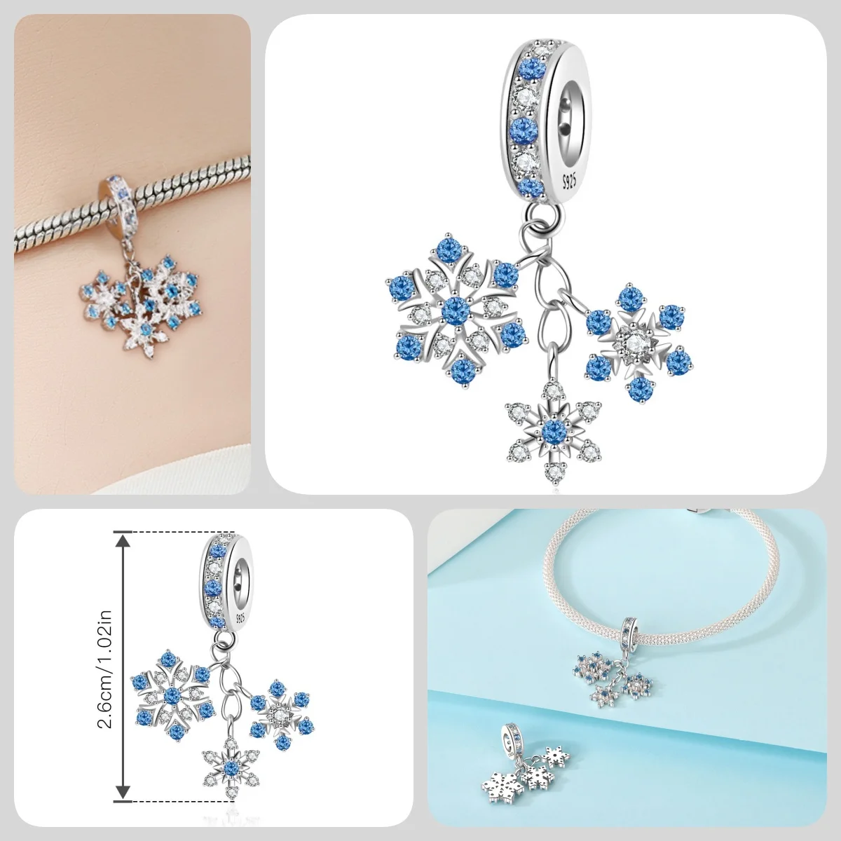 Original 925 Sterling Silber Zirkon Schneeflocken-Charm-Anhänger DIY Perle Passend für Armband Halskette Schmuck Feiertagsgeschenke für Frauen – Detail 8