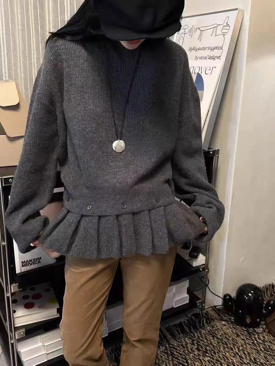 

Soft Cozy Women's Knitted Sweater Loose Fit round Ne Lazy Sle Detachable Hem Waist Cinched Winter Dongdaemun Faion