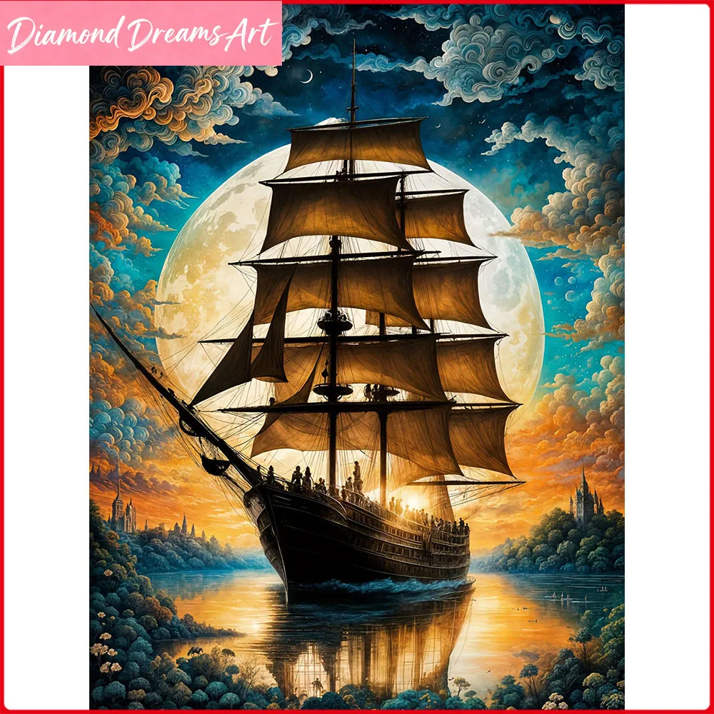 

Алмазная вышивка с полным квадратным и круглым заполнением: Луна и парусник, пейзаж, настенный декор, без рамы
