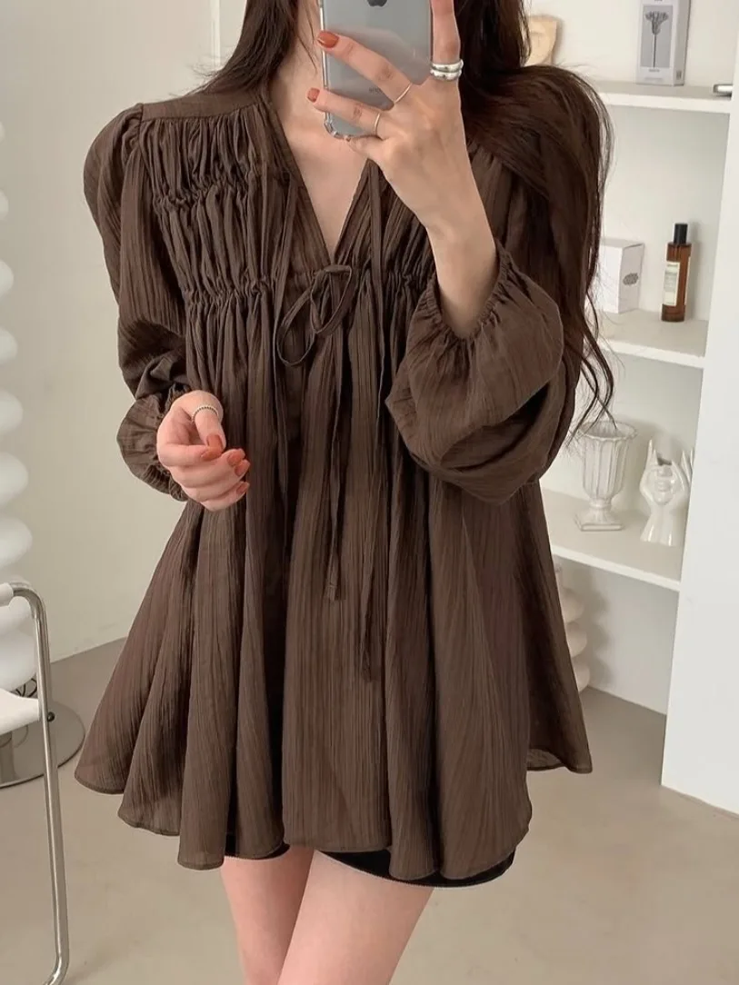 Loose Bubble Sve irt V-Ne Pleated Pure Color Belted Casual Faion Women's Long Sve irt for Autumn Spring Winter