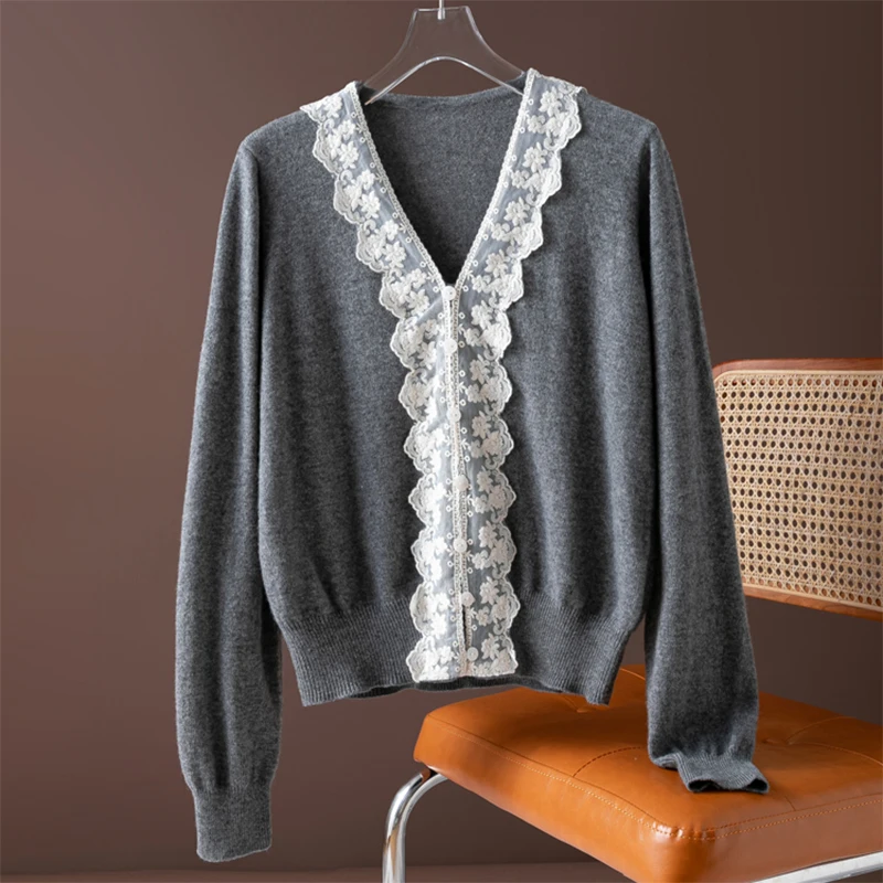 

Женский свитер из 100% натуральной шерсти, серый пуловер с v-образным вырезом спереди и длинными рукавами, теплый осенне-зимний офисный женский свитер M1466