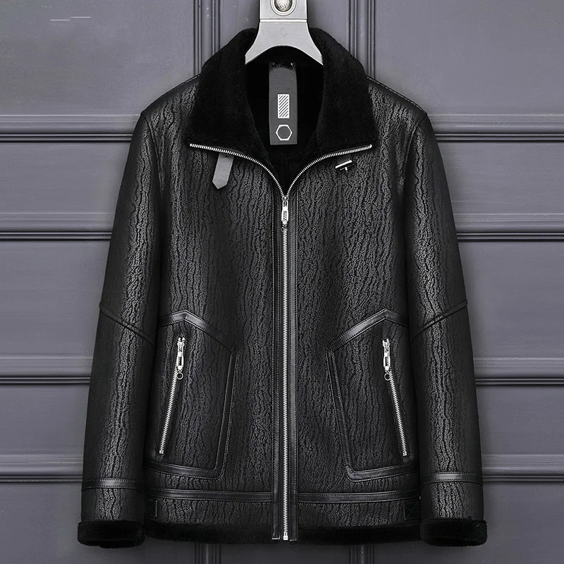 Mens Shearling Coat Fashionable Genuine Leather Lamb Fur Stand Collar Winter New Male Jacket