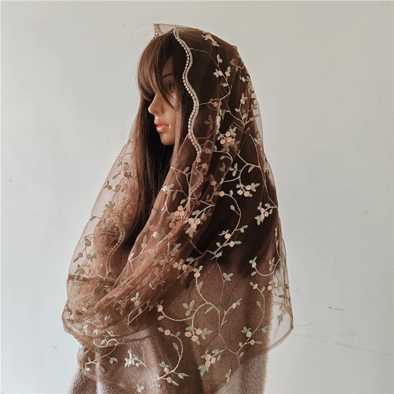 

Кофейный Тюль Розовый Зеленый Вышитый Цветочный Мантилья Церковное Покрытие Головы Женщины Католический Подарок Латинская Масса Винтаж Часовня Коричневый