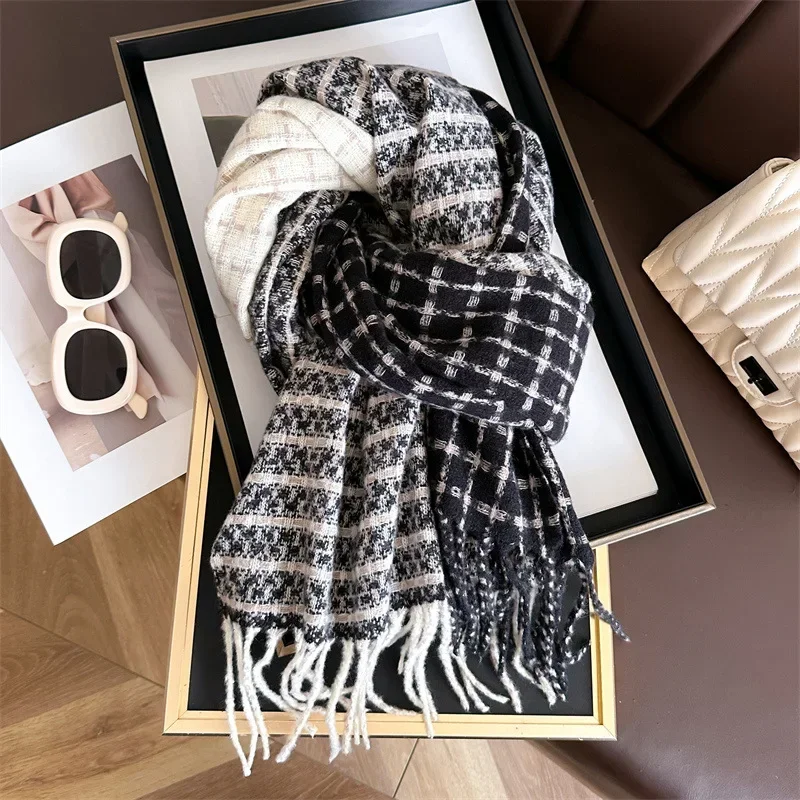 New Cashmere Matching Scarf Women Autumn Winter Thick Warm Color Matching Lattice Extended Scarves Beard Tassel Long Scarf Girls