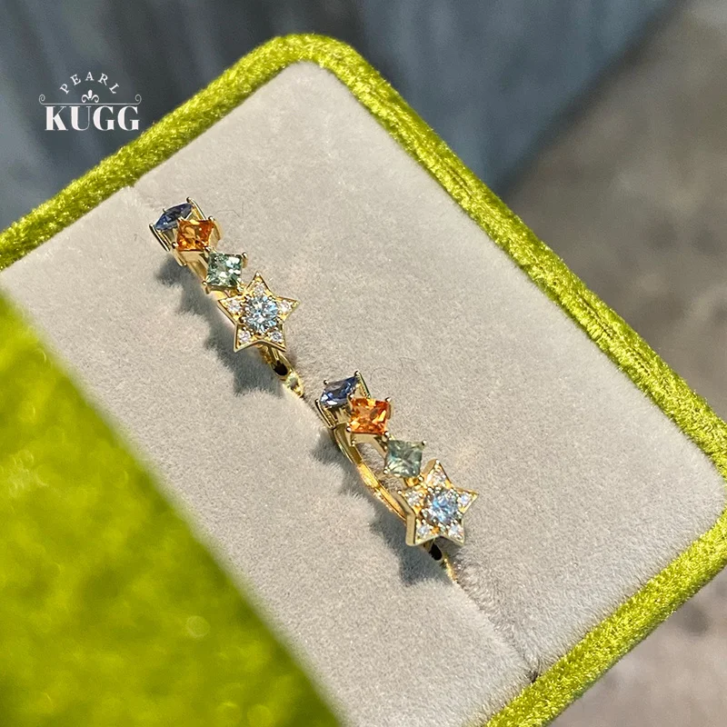 

Серьги KUGG из 100% 18-каратного желтого золота, романтический дизайн в виде радуги, серьги-кольца с натуральными цветными сапфирами для женщин, элитные свадебные украшения