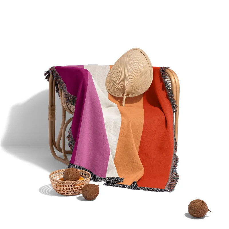 

Aertemisi Orange Pink Lesbian Flag 5 Stripes LGBT Rainbow Jacquard Fringed Woven Throw Blanket