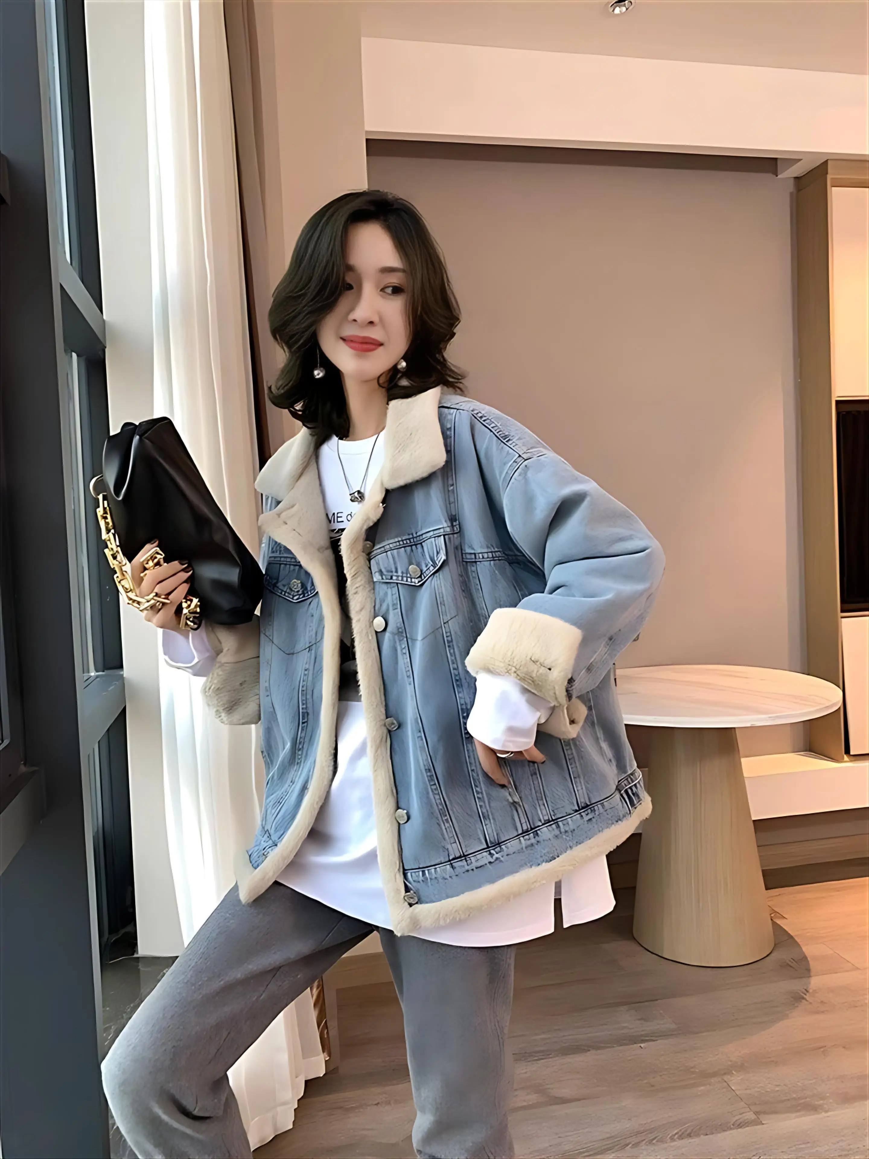 Denim Coat With Fur And Hood Plush Womens Autumn Slim-Fit Corduroy Chic Outdoor Activities Mountaineering Standneck Buttoned Y2K